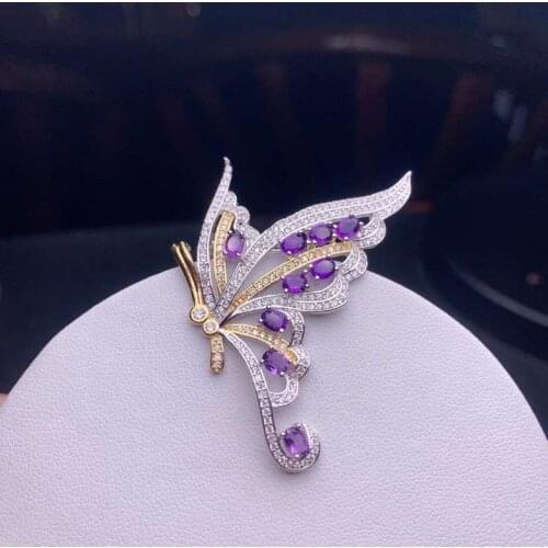Grace Butterfly fly natural amethyst brooch Pendant natural purple crystal pendant Two uses S925 silver girl party jewelry