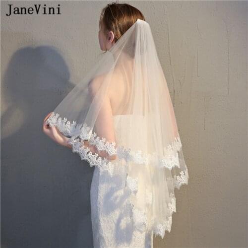 JaneVini Romantic Ivory Short Wedding Veils Two Layers Lace Appliques Edge Soft Tulle Bridal Veils with Cmob Women Accessories