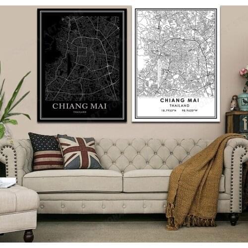 City Map CHIANG MAI Abstract Canvas Paintings Black and white Wall Art Print Poster Picture Home Decoration