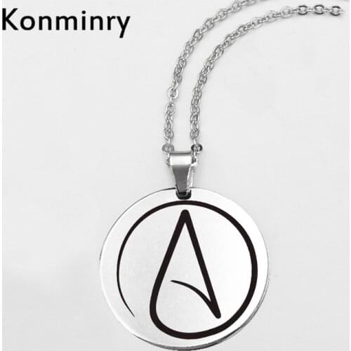 Konminry Atheist Symbol Stainless Steel Necklace Round Pendant Link Chain Antitheist Sign Necklace For Women Men Jewelry