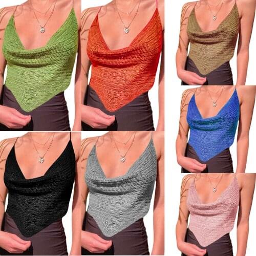 Womens Halter Crop Cami Tops Summer, Solid Color Sleeveless Cowl Neck Self-Tie Backless Crochet Camisole