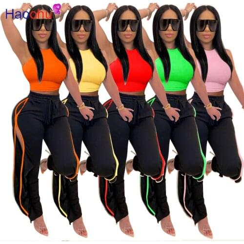 HAOOHU 2021 Summer Activewear Solid Womens Set Sleeveless Crop Top Pants Suit Sport Tracksuit Two Piece Set Fitness Outfit