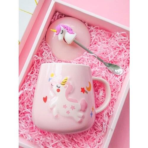 Unicorn lovely drinking cup ceramic spoon with lid girl heart Mug women ins milk breakfast cup home