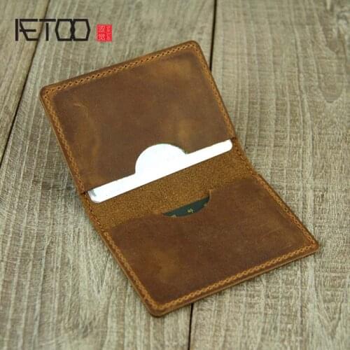 AETOO Mini card holder, crazy horse leather handmade cowhide drivers license bag, small coin purse