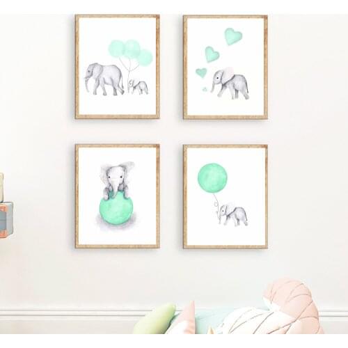 Cartoon elephant blowing balloons Prints Painting Animaltion Mint Green Balloon Heart Poster Pictures Home Decor for kids Room