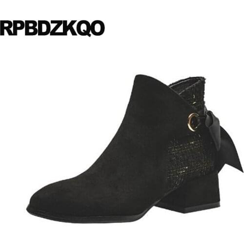 Chunky Japanese Shoes Green Square Toe Block Retro Booties Fall Suede Women Ankle Boots Medium Heel Bow Plaid Black Kawaii 2021