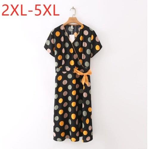 New 2021 Ladies Summer Plus Size Midi Dress For Women Large Short Sleeve Casual Chiffon Belt Dot V-neck Dress 2XL 3XL 4XL 5XL