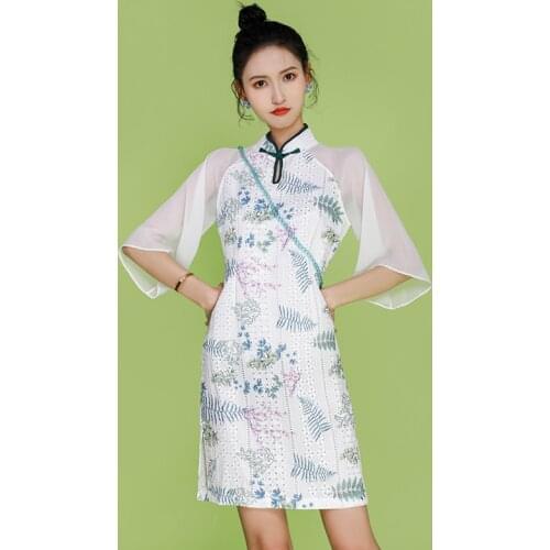 Summer New Chinese Short Color Stitching Seven-part Sleeve Split Modified Cheongsam Daily Fairy Skirt