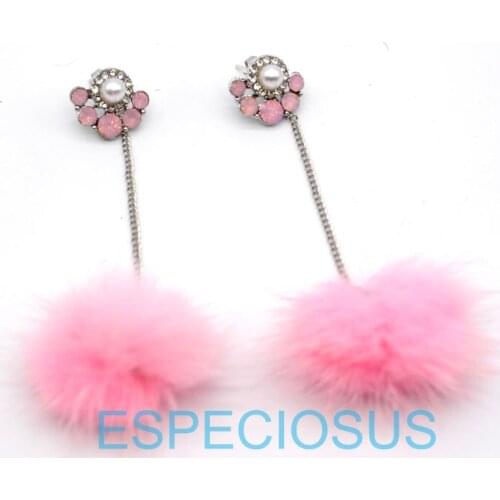 New Rhinestone Pink Crystal Stud Earrings Hair Imitation Rabbit Hair Ball Earring Fashion Long Earrings Tassels Girls Jewelry