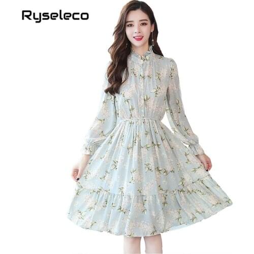 Sale 2018 Autumn Chiffon Print Flare Dress Vintage A-Line Casual Cute Women Floral Dresses Long Sleeve Ruffles Patches Vestidos
