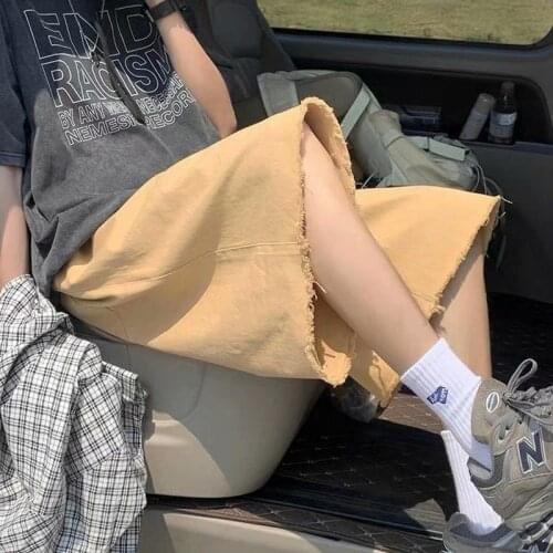 Summer Cotton Drawstring Shorts Mens Fashion Khaki Black White Casual Shorts Men Streetwear Loose Hip-hop Ripped Shorts Mens