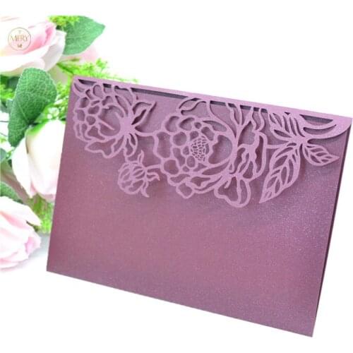 Tri fold laser cut wine red pearl paper wedding pocket invitations