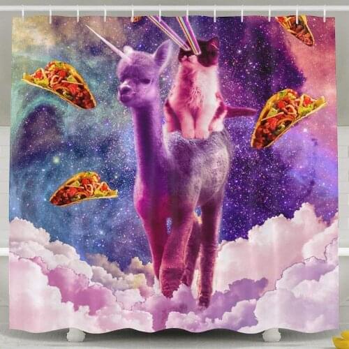Cosmic Cat Riding Alpaca Unicorn Odorless Waterproof Shower Curtains for Bathroom Premium PolyesterDecorative Bath Curtain