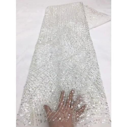 5yards/pc) Beads tube beads and sequins embroidered African wedding tulle lace high grade white French net lace fabric FZX113