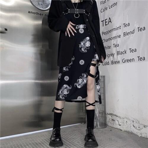 Gothic Punk Skirts Women Harajuke High Waist Belt Buckle Undefined Black Long Skirts Dragon pattern Streetwear Skirt Female