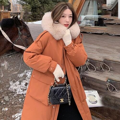 Down jacket women long over the knee 2021 new style white duck down fashion big fur collar big pocket long sleeve coat