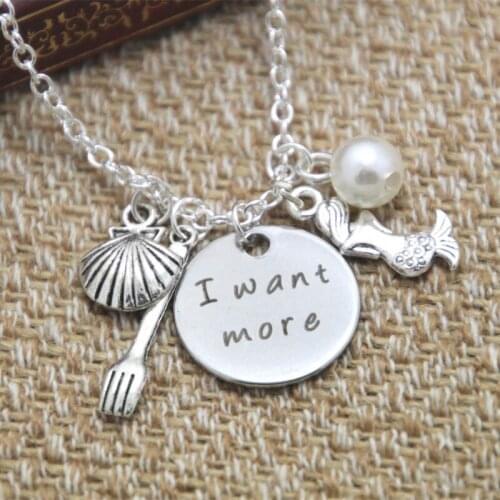 12pcs/lot Ariel Little Mermaid Necklace I want more Pearl, for women or girls silver tone jewelry