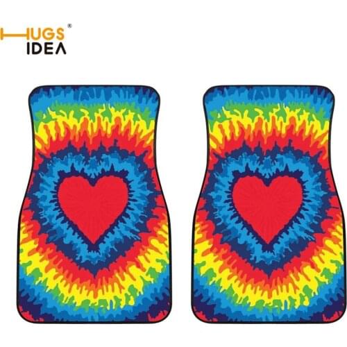 2Pcs Auto Floor Mats Colorful Rainbow Love Heart Print SUV Front Floor Carpets Dazzling Pride TIE DYE Washable Rugs for Vehicle