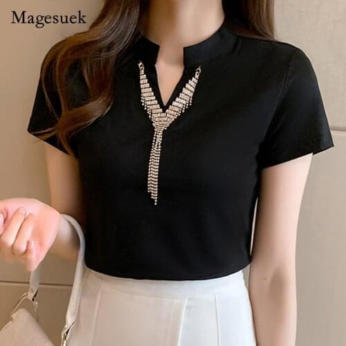 2021 Summer Cotton Casual V Neck Women Tees New Short Sleeve T-shirt Women Black Lady Tops Fashion Female Clothing Blusas 14843