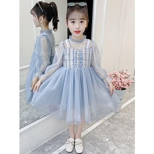 2021 New Girls Elegant Princess Lace Dress Spring Summer Teenage Kids Costume Long Sleeve Dress Party Children Girls Clothes