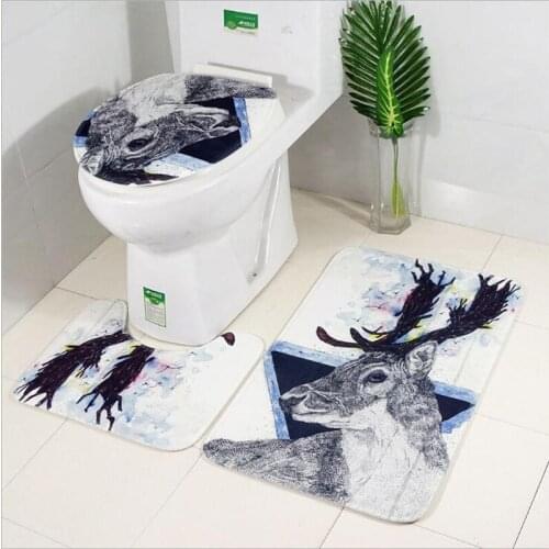 INS Nordic Style 3 PCS Bathroom Floor Mat Flannel Toilet Pad Set with Moose Printing Pattern Non-Slip Combination Rugs Set