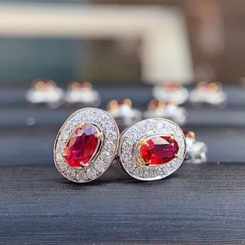 AEAW Solid 18K White Gold 0.58ctw/ Pair 0.226ct Oval Natural Ruby with Natural Real Diamond Earrings for Women