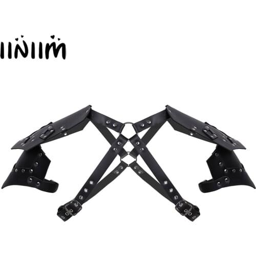 Black Mens Fashion Clubwear Steampunk Shoulder Knight Pauldrons Faux Leather O-Ring Armors Halloween Role Play Costumes Props
