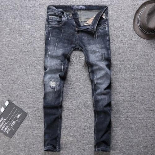 Italian Style Fashion Men Jeans High Quality Retro Black Blue Elastic Slim Ripped Jeans Men Vintage Designer Cotton Denim Pants