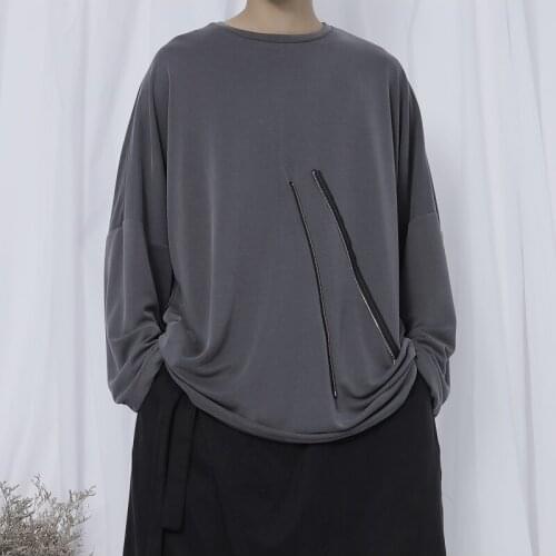 Original new T-shirt mens long-sleeved t-shirt Yamamoto wind dark asymmetric zipper side slit loose round neck T-shirt tide