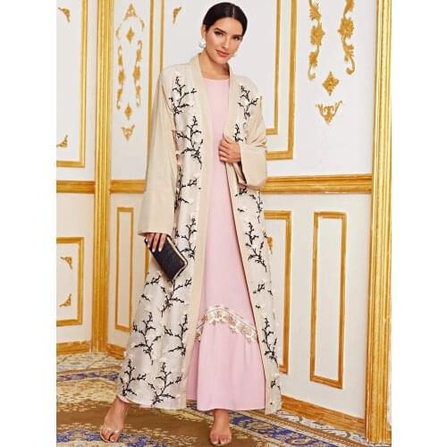 Eid 3D Flowers embroidery muslim opened abaya female full length prayer cardigan kimono islamic cardigan robes with belt F2712