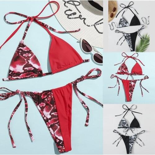 Hot kf-Womens Snakeskin Print Bikini 2-Piece Sexy Split Swimsuit