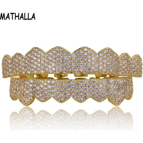 White AAA CZ Micro Pave Top Bottom Custom Rhodium Teeth Grillz Set