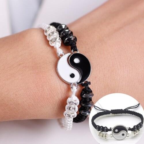 Fashion Retro Yin and Yang Tai Chi Alloy Pendant Black and White Two-piece Leather Cord Woven Men and Women Couple Bracelet Gift