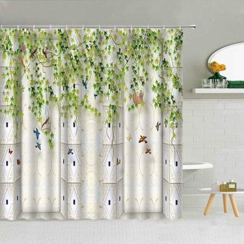 Fresh Simple Pattern Shower Curtain Green Vine Leaf Bird Polyester Fabric Bathroom Supplies Home Decor With Hooks Cloth Curtains