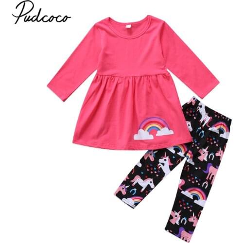 2017 Brand New Toddler Infant Child Kids Baby Girls Outfits Set Long Sleeve T-shirt Rainbow Tops Cartoon Pants Trousers Set 2-7T