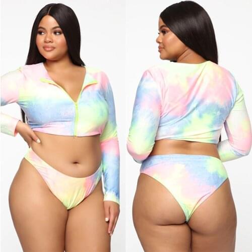 2021New Womens Long Sleeve Sunscreen Colorful Large Size Biquini High Waist Sexy Beach Tunic Bikini Underwear Swimsuit XXXXXL
