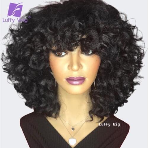 Short Curly Human Hair Wig With Bang Brazilian Remy Hair O Scalp Top Machine Wigs Glueless 200% Density For Black Women Luffy