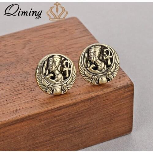 QIMING Bronze Ankh Earring Egyptian Pharaoh Nefertiti Scarab Queen Egypt Ancient bew Jewelry Stud Earrings Female Gifts Femme