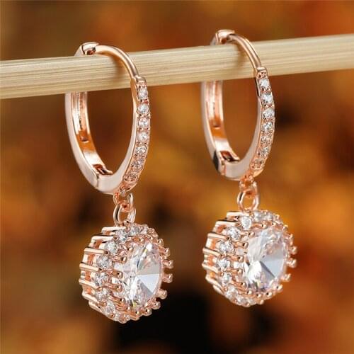 Luxury Female White Zircon Hoop Earrings Fashion Bride Round Crystal Earrings Classic Rose Gold Color Wedding Earrings For Women