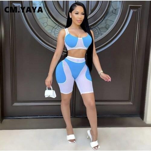 CM.YAYA Mesh Patchwork Active Womens Set Sport Fashion Tank Tops and Shorts Matching Two 2 Piece Outfits Sport Tracksuit
