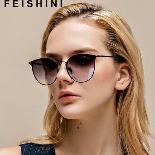 FEISHINI Brand Design Oval Metal Cateye Sunglasses Polarized Ladies Fashion Trendy Womens Glasses UV Protector Gradient Grey