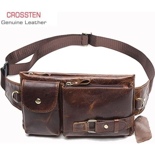 Crossten 100% Genuine Leather Casual Waist Pack Bag Shoulder Luxury Fanny Packs Men Belt Bag Pouch For Money Phone Waist purse