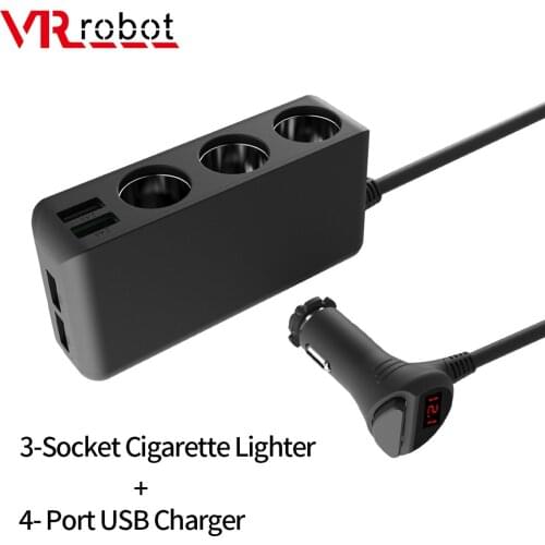 VR robot 120W 12V-24V Cigarette Lighter 3-Socket Splitter 4-Port 5V 2.4A USB Charger with ON/OFF Switch Voltage Detector For Car