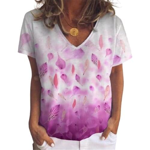 New 2021 Summer Leaf Print Short Sleeve T-shirt Women Clothes Loose Fashion V Neck Streetwear Tops Casual Ladies Tee Shirt Femme