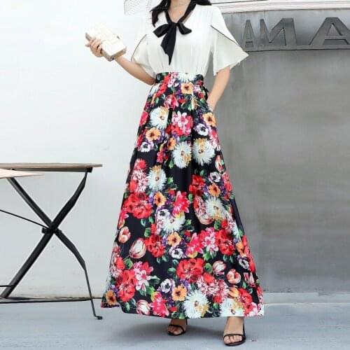 Womens Fashion Maxi Stain Skirts Elastic Stretch Waist Floral Skirt Summer Womens Ankle-Length Empire Casual Pleated Skirt