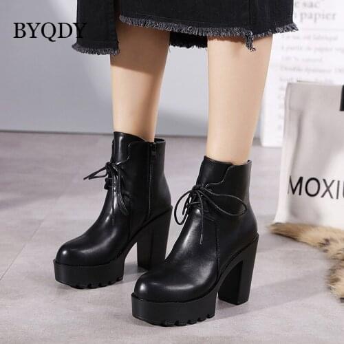 BYQDY 2021 Autumn Patent Leather Woman Boots Round Head Wedge High Heels Platform Motorcycle Ankle Boot Rubber Sole For Party