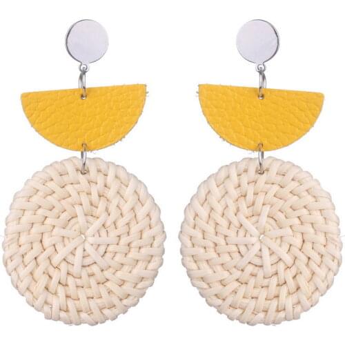 Geometric Style Genuine Leather Semicircle Rattan Disc Drop Earrings for Women 2021 New Original Boho Jewelry Gifts Wholesale