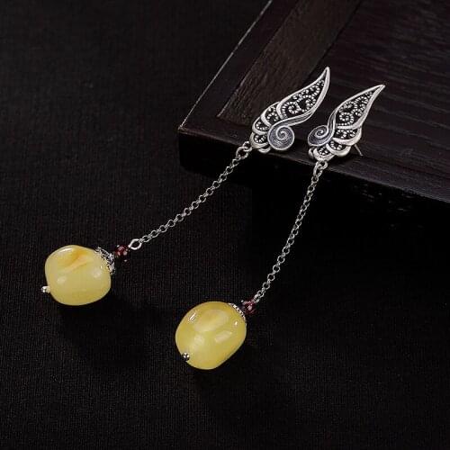 Vintage Natural Amber Earrings For Lady Women Real 925 Sterling Silver Original Design Earrings Fine Jewelry Wedding Party 2019