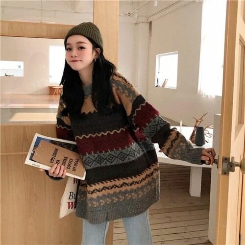 QingWen Winter Clothes Women New Korean Retro College Pullover Sweater Korean Wild Loose Jacquard Sweater Pull Femme Outwear Top