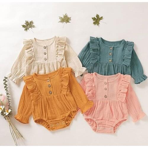 2021 New solid ruffle button Summer spring Baby Girl Clothes Baby Girl Romper soft Cute New Born Baby Clothes Onesie Designer